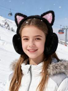 Cute Cat Ear Earmuffs For Teen Girls - Foldable Winter Ear Warmers, Sparkle Sequin Design, Solid Color, Polyester, Suitable For Ages 15+ - Multicolor - View 1