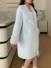 Women's Luxury Solid Color Faux Fur Long Collar Coat, An Ideal Choice For Winter - Baby Blue - View 7