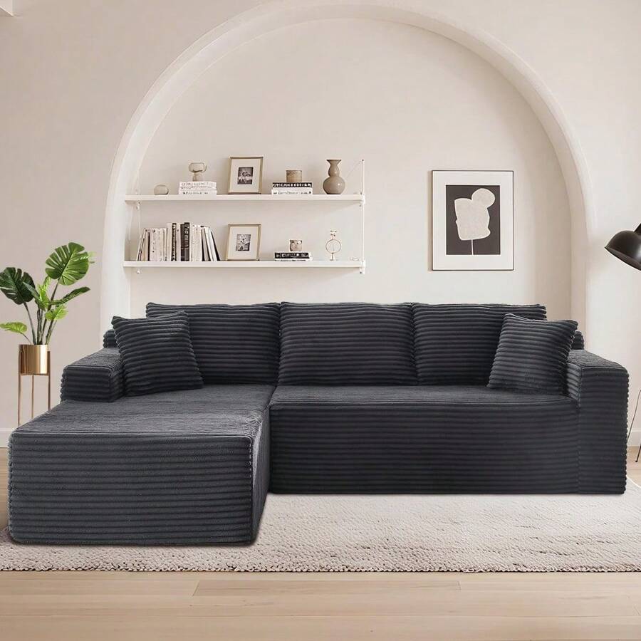 103" Cloud Sectional Couch With L-Shape Chaise, Boneless Modular Deep Seat Sofa In A Box Comfy Fluffy Corduroy Couches For Living Room, No Assembly Required, Left Facing Chaise, Black - Màu xám đen - Xem 1