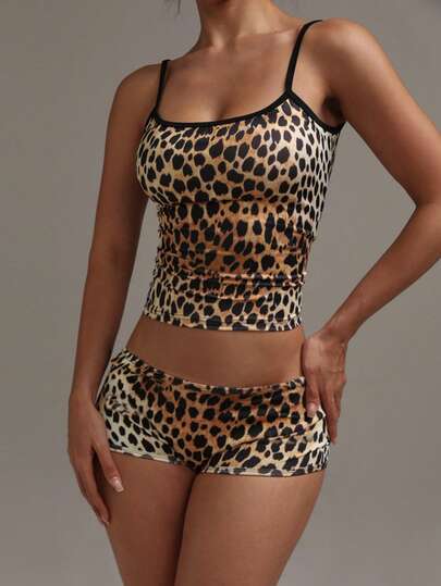 XLLAIS Women's Sexy Leopard Print Fitted Camisole And Shorts Set, 2025 Y2K Fashion Resort Casual Wear Spring