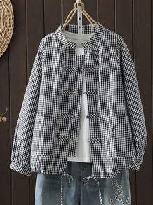 Áo sơ mi cài cúc kẻ caro cổ điển cho nữ, dáng rộng, tôn dáng, cổ tàu, kiểu cardigan, màu đen mùa xuân/thu. - màu đen - Xem 7