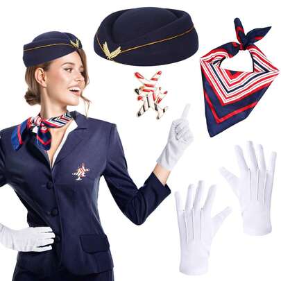 5pcs Flight Attendant Costume Accessories Set, Including Stewardess Hat, Gloves, Scarf And Brooch, Suitable For Christmas, Halloween Costume Parties, Dance Events, Music Festivals And New Year Outfits
