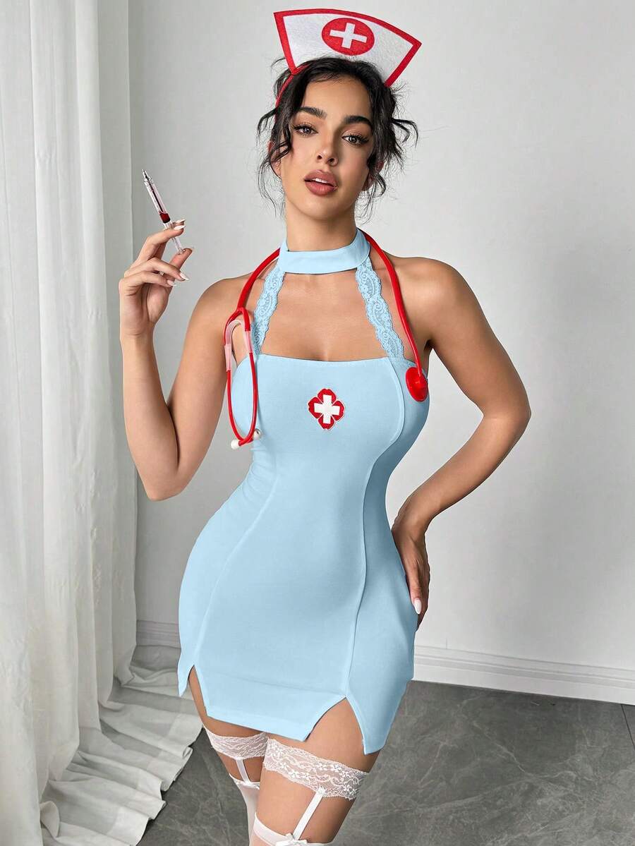 Vestido de disfraz de enfermera con recortes de encaje sexy, adecuado para fiestas sensuales y cosplay - Celeste - Ver 1