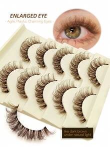 Rikuaild 5 Pairs Cartoon Style False Eyelashes, Brown Faux Mink Cat Eye Lashes, Anime Cosplay Lashes, Multi-Layered Fluffy Natural Look, Delicate Soft Brown Lash Extension, Transparent Stem, Reusable - 濃密款 - 查看 7