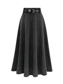 EARO French Style Casual Women's Flared Skirt With Belt, Non-Stretch Fabric, Comfortable & Fashionable For Daily Wear In Autumn/Winter, Waist Slimming, Loose Fit, A-Line Silhouette, Stylish & Minimalist Design - Black - View 1