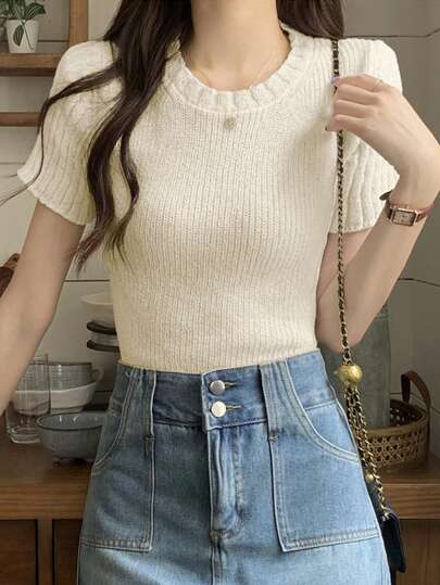 2025 Autumn/Winter Comfortable & Fashionable Solid Color Short Sleeve Pullover Top