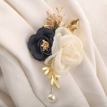 1pc Unisex Korean Style Rose & Beige Camellia Flower Brooch, Suitable For Groom, Bride, Groomsman, Bridesmaid, Wedding, Party, Business Events, Floral Lapel Pin Accessory Valentine's Day Accessories - Navy Blue + Beige - View 3
