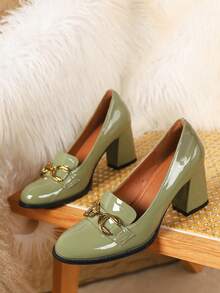 Plus Size Olive Green Round Toe Chunky Heel Pumps, Comfortable Office, Casual, Formal, Wedding, Party Shoes For Women