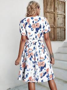 Vestidos Elegantes Cortos Para Mujer Con Estampado Floral Con Cinturón - Blanco - Ver 2