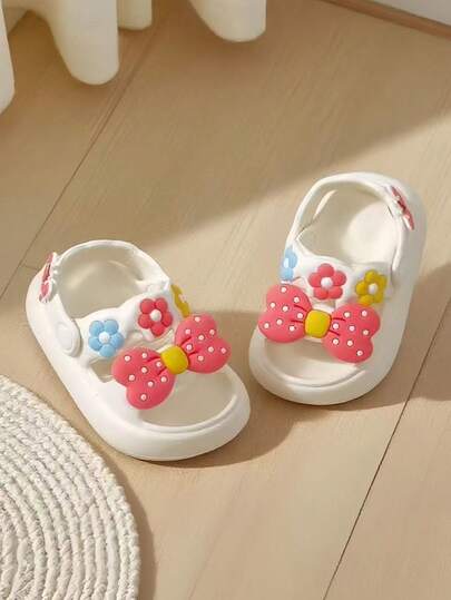 1 par de zapatos blancos para niños - Nuevos zapatos de interior y exterior para otoño/verano, vacaciones, suela blanda, decoración floral de punta abierta para playa/jardín, elegantes y cómodos zapatos de fiesta para niños pequeños
