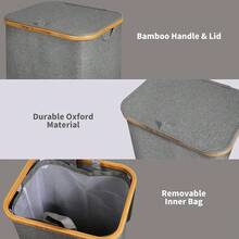 Laundry Basket With Lid, Large Laundry Hamper, 100L, Removable Mesh Liner Bamboo Handles, Collapsible - Grey - View 4