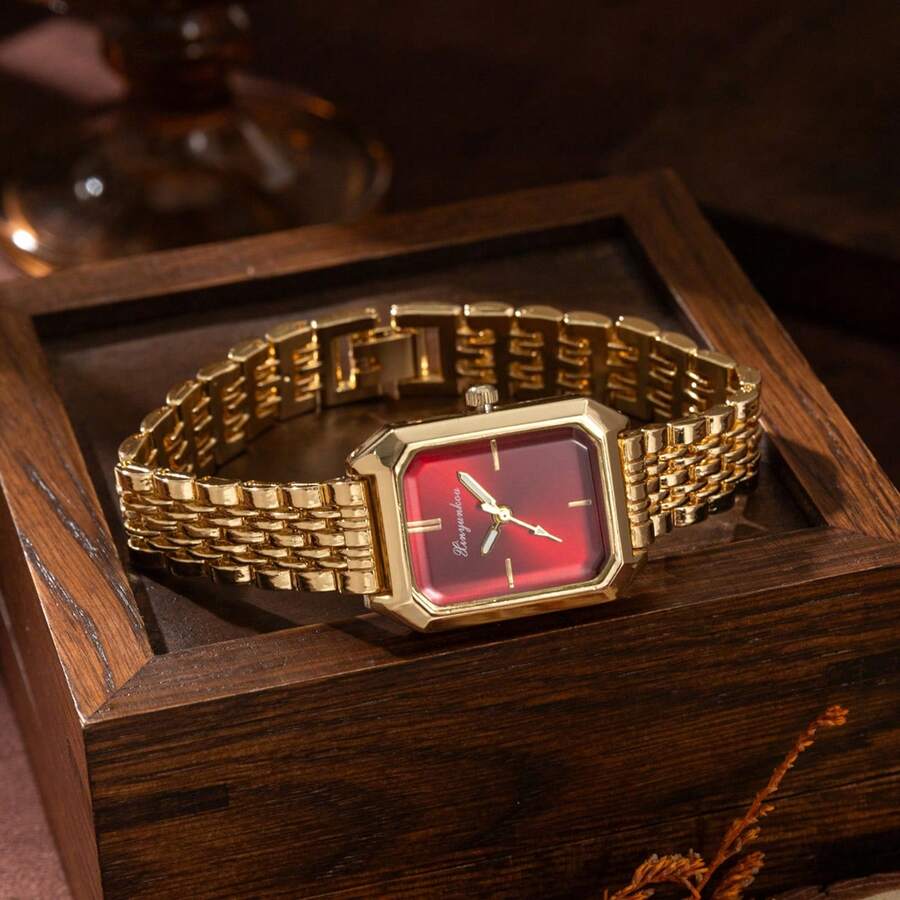 xinyunkou Đồng hồ nữ dây thép sang trọng mới, Đồng hồ đeo tay thạch anh vuông tối giản thời trang dành cho nữ - Vàng - Xem 1