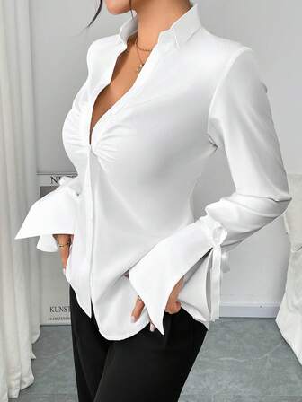 Women's Casual/Office Commute Simple Solid Color Ruffle Flare Sleeve Blouse, Spring/Autumn