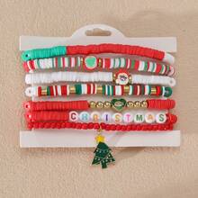 Set de 7 piezas/paquete de pulseras elásticas de cuentas de arcilla suave con diseño bohemio de Navidad en rojo, blanco y verde - Colgante de Papá Noel, árbol de Navidad, cuentas con letras, pulsera de , pulsera para compartir en familia (color aleatorio - sin tarjeta)