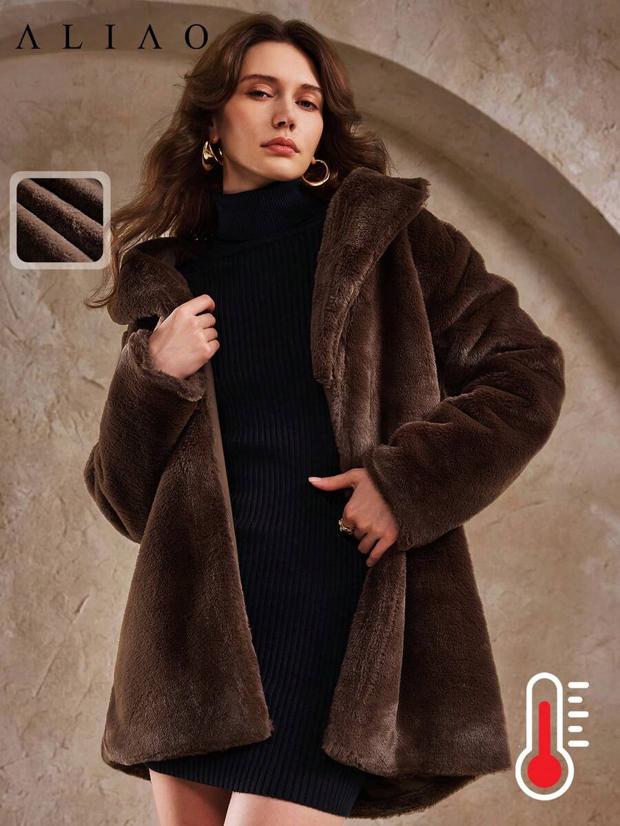 Aliao High-End Faux Fur Warm Jacket, Winter Coat, New Year, Business Casual Women's Wear, Windbreaker, Minimalist Style, Solid Color, Palace Style, Valentine's Day Outfit, Wedding Season, Halloween - Coffee Brown - View 1