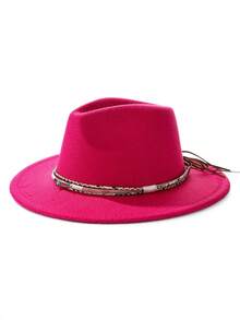 1pc Bohemian Style Faux Leather Decor Felt Fedora Hat, Soft Brim, Unisex Fashion For Work And Commute, Suitable For Autumn And Winter