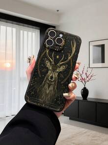 1pc Fashionable Gold Medal Deer Pattern Black Straight Edge Shockproof Protective Phone Case, Suitable For Men And Women, Ideal Choice For Fashion Enthusiasts, Minimalist And Stylish Design Compatible With Apple/Infinix/Vivo/OPPO