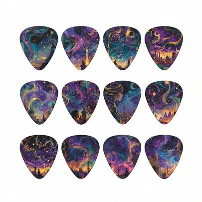 12pcs Guitar Picks Set In Metal Tin - 0.46/0.71/0.96mm Thickness Options, 12 Unique Designs, Rock Themed Musical Instrument Accessories, Ukulele, Bass, Electric Guitar Picks, Gifts For Music Lovers With Vibrant Designs