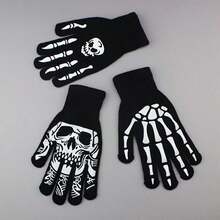 A Pair Of Fluorescent Skull And Bones Design Gloves - 20% Spandex / 80% Nylon Stretch Fashion Couple Gloves, Gloves Suitable For Halloween Dresses, Parties And Theme Events