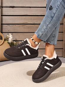 1 Pair Korean Style Fashion Sports Boots, Women's Winter Snow Boots, PU Low-Top Striped Design, Waterproof, Cold-Resistant, Wear-Resistant Outdoor Snow Boots