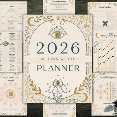Libro del Proyecto de la Bruja Moderna 2026 y Diario Mágico - Guía de Astrología y Tarot Gótico Wicca, que incluye seguimiento de las fases lunares, 118 páginas de tamaño grande sin fecha (compatible con A5 y A6) - Cubierta resistente y duradera, diseño elegante en verde y dorado, adecuado para el estilo de vida Wicca, planificación de hechizos, seguimiento diario y mensual - Regalo ideal para brujas y exploradores espirituales