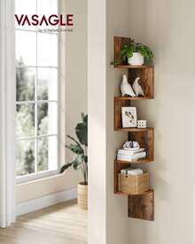 VASAGLE Corner Shelf, 5-Tier Floating Wall Shelf With Zigzag Design, Bookshelf, Rustic Brown