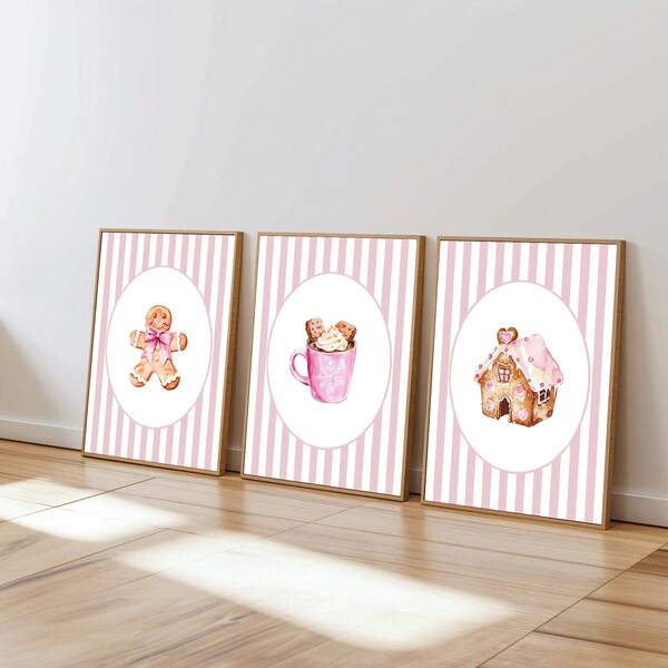 3 Stücke Kaffee-Lebkuchenhaus Wandkunst Bild Weihnachten Rosa Drucke Leinwandgemälde Retro Aquarell Eiskaffe Keks Poster Rustikale Winter Dekoration für Wohnzimmer Schlafzimmer Zuhause Raumdekoration Ungerahmt