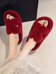 女款冬季新款厚底毛絨拖鞋，戶外穿著，秋季新款仙女風小巧鬆弛增高拖鞋，春秋室內居家辦公拖鞋，4CM - 紅色 - 查看 3