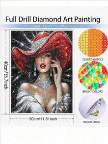红帽优雅女王 5D DIY 钻石画套装，带圆形钻石 - 女性肖像钻石马赛克墙艺术，适合家庭和办公室装饰 - 彩色 - 查看 10