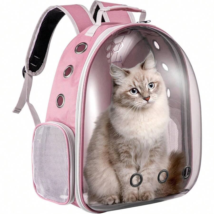 Cat Backpack Carrier – Transparent Bubble Space Capsule Pet Backpack With Hard Shell Dome, Mesh Ventilation & Padded Straps For Hands-Free Travel - Pink - View 1