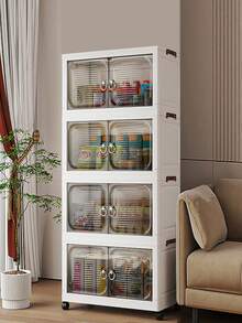 1 件 38 厘米宽折叠收纳柜，1-5 层可选，加厚双门带轮，家用免组装收纳架，衣物玩具收纳架，塑料折叠收纳柜