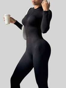 DINBEY Women's Zipper High Collar Jumpsuit, Stretchy Activewear Suitable For Yoga, Gym, Outdoor Leisure Sports - Black - View 5