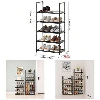 4 - Tier Small Shoe Rack. Stackable Shoe Shelf Storage Organizer Entryway Hallway Closet Bathroom Living Room Black