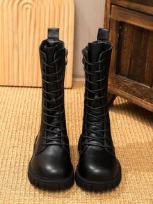 1 Pair White Classic Lace-Up Tall Boots For Toddler Girls, Soft & Comfortable PU Material, Round Toe Thick Sole, Fashion Princess Leather Boots Suitable For 3-15 Years Old Girls, Daily Casual Outdoor Wear, Autumn/Winter New