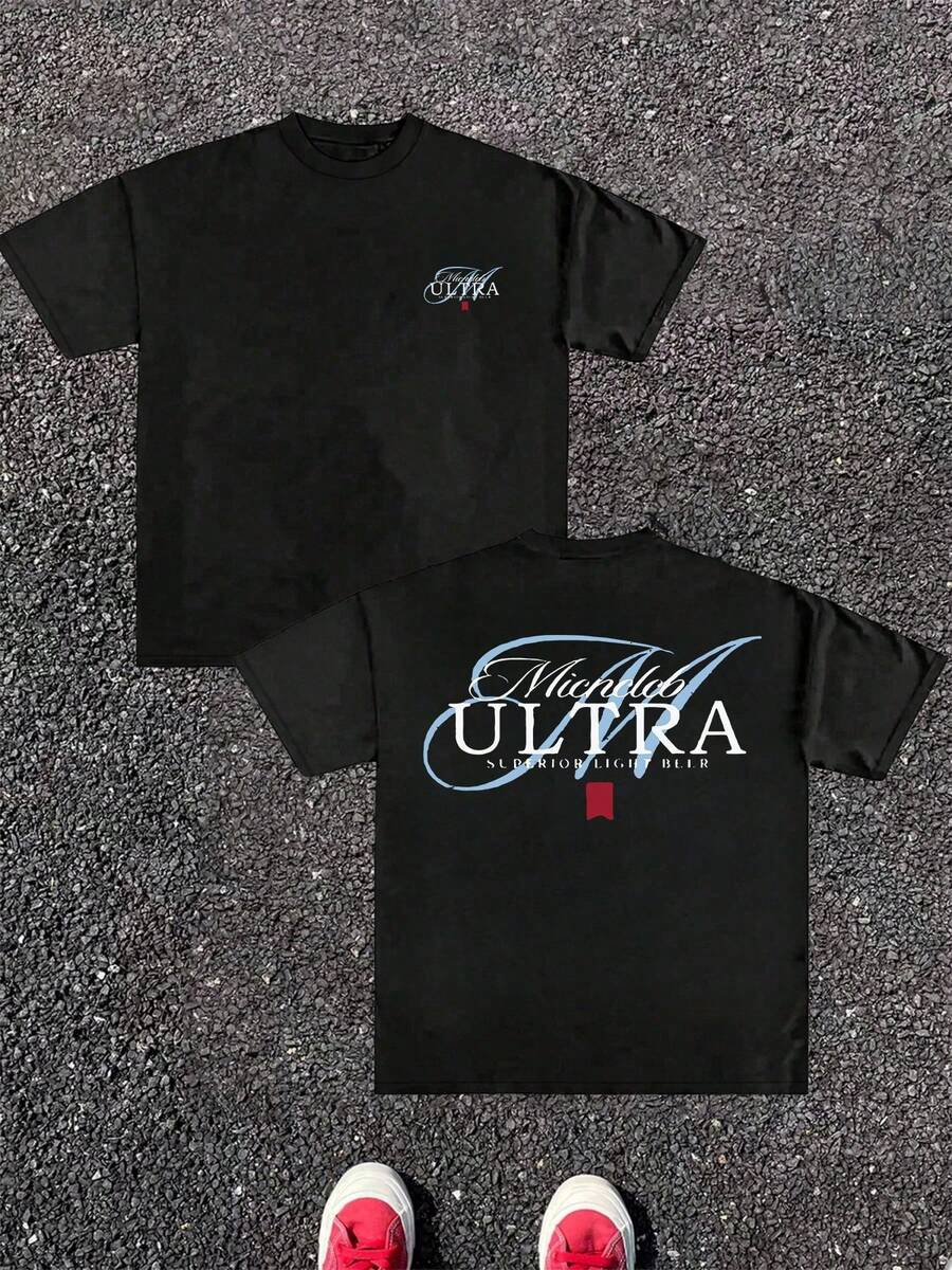 1pcs Men's Beer Logo Double Sided Digital Printed Streetwear 100% Cotton Casual Graphic Tee Ultra Lettering 220g Fall T Shirt - Black - View 1