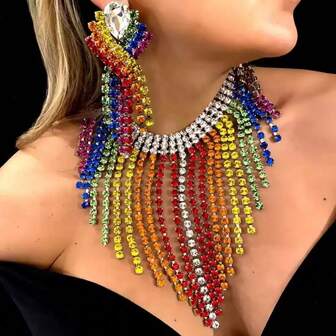 Exaggerated Colorful Crystal Necklace & Earrings Set, Luxury Full Diamond Tassel Necklace & Earrings Jewelry Set