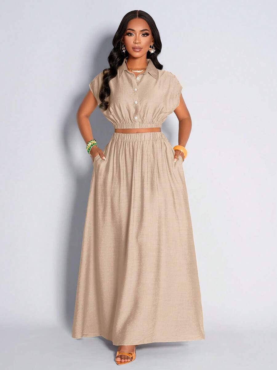 Amarilo 无袖褶皱上衣搭配优雅半身裙，休闲又不失优雅，适合小型聚会、通勤和日常生活；优雅淑女风，最新春夏女士日常简约风套装 - 杏色 - 查看 1