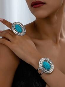 1pc Vintage Silver Plated Blue Stone Bangle Bracelet, Fashionable & Elegant, Suitable For Parties, Banquets And Daily Wear