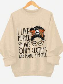 Plus Size Knitted Fabric Round Neck Long Sleeve Drop Shoulder Pullover Sweatshirt With Rib-Knit Details Regular Length Slight Stretch Cozy Top - Apricot - View 6