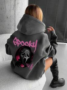 Sudadera con capucha de ajuste holgado con estampado gráfico y forro térmico para mujer, de moda y casual, para invierno