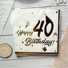 20 Pieces/Pack White 40th Birthday Theme Gold Foil Hat Print Disposable Napkins, Made Of Virgin Wood Pulp Double-Layer Tissue Paper, Suitable For Hotels, Restaurants, Bars, Tableware, Table Settings, Christmas