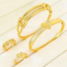 24K Gold Plated Luxury Dubai Style Bangle & Ring Set, Islamic Saudi Arabia Design Jewelry For Women, Wedding Party - Bracelet Ring Set - View 9