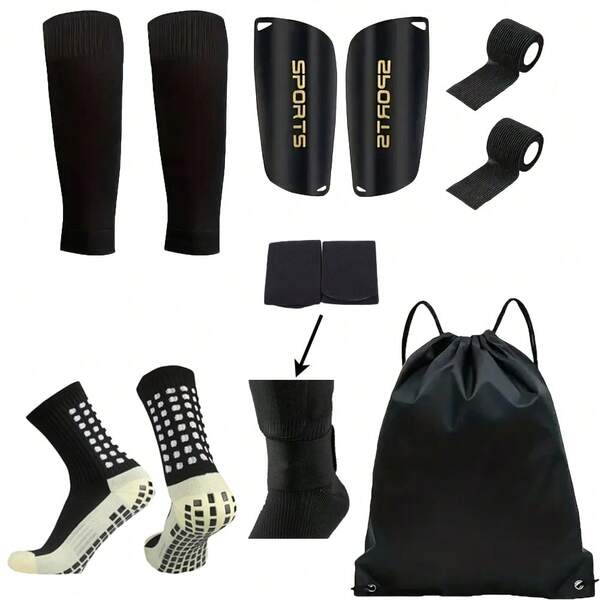 Set de 6 piezas de equipo deportivo de fútbol, incluye calcetines de fútbol con agarre de silicona, espinilleras, equipo de protección, mochila con cordón, correas para espinilleras y cinta deportiva - Calcetines de punto de poliéster y spandex, unicolor, lavado a mano y lavable a máquina, regalo de Navidad ideal para familiares y amigos que aman el fútbol y los deportes al aire libre