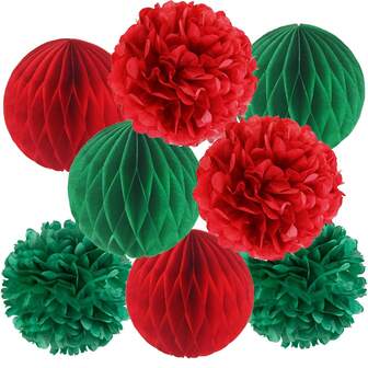 8pcs Christmas Honeycomb Balls Decorations Hanging Ornaments Decor Green & Red Honeycomb Tissue Paper Pom Poms For Christmas Party Decoration New Year Winter Home Decor Christmas Decorations Room Decor Christmas Decorations Home Christmas Gifts Christmas Decor