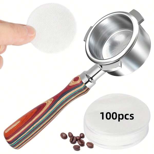 51/54mm Coffee Bottomless Portafilter Filter Handle With 100 Pcs Unbleached Coffee Filter Papers, Replacement Coffee Accessories Fit For Delonghi Coffee Machine, Stainless Steel Coffee Espresso Machine Colored Wood Handle