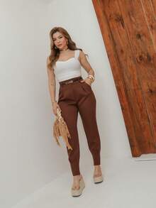Women's Formal Trousers With Tailored Waist, With Belt, With Pockets, With Zippered Cuffs, DD028 - 棕 - 查看 3