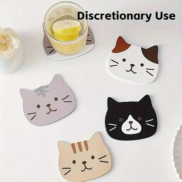 4 Stücke Set niedlicher Katzen Holzuntersetzer, lustiges Design, hitzebeständig und rutschfest, leicht zu reinigen, perfekte Wahl für Zuhause und Büro, und eine tolle Geschenkidee