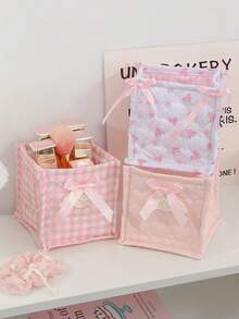 1 Cute Pink And Blue Three-Dimensional Bow Lace Storage Basket, Desktop Sundries Storage Basket, Lipstick Makeup Brush Skin Care Storage Basket, Desktop Decoration,For Back To School