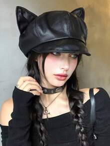 1pc Women's Solid Color PU Cat Ear Shaped Cosplay Beanie Hat, Casual Retro Street Fashion Versatile, Suitable For Outdoor, Skiing, Cycling, Travel, Party, Daily Use, Autumn/Winter - MM2520 - View 4