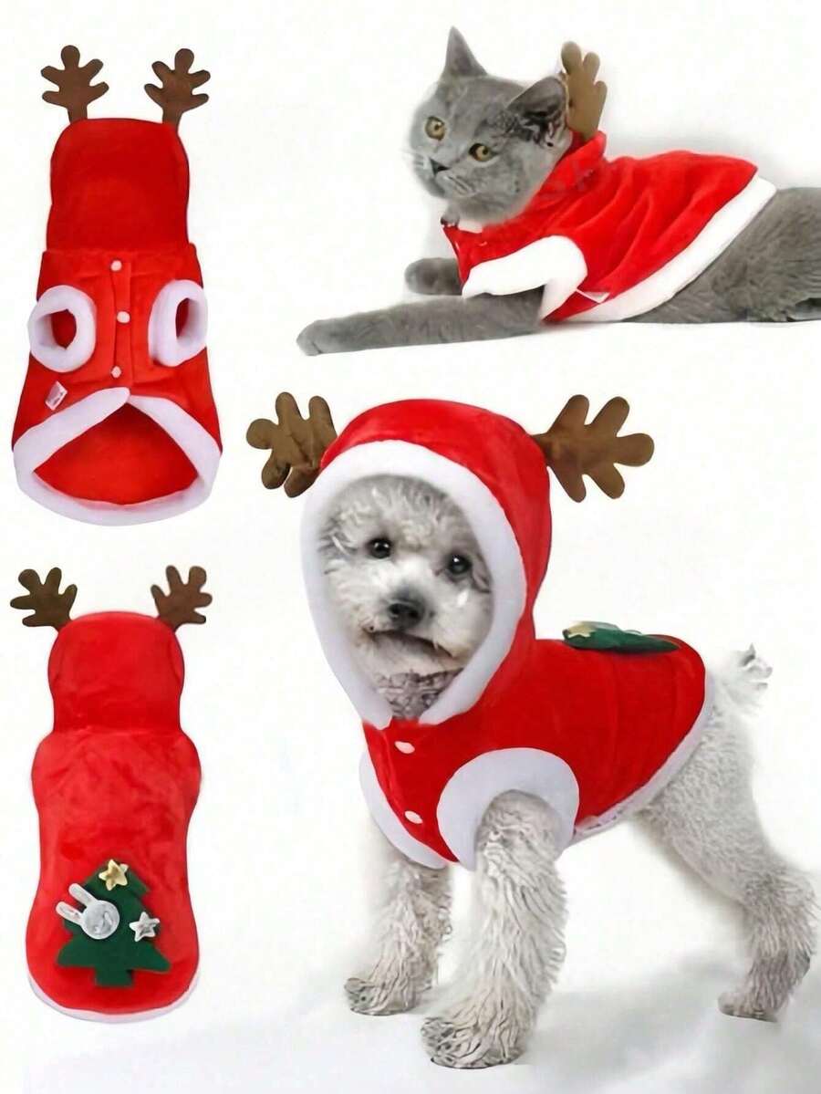 Dog Christmas Costumes, Pet Cold Weather Sweater Coat, Puppy Santa Claus Reindeer Outfit Winter Hoodie Warm Vest Clothes, Jumpsuit Apparel For Small Medium Dogs Cats Party Cosplay - Multicolor - View 1